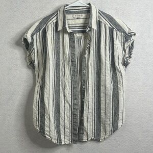 Harper Striped Button Front Short Sleeve Blouse Small Neutral Minimalist